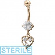STERILE 14K GOLD CZ HEART CHARM NAVEL BANANA WITH HOLLOW TOP BALL