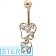 STERILE 14K GOLD CZ BUTTERFLY CHARM NAVEL BANANA WITH HOLLOW TOP BALL