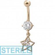 STERILE 14K GOLD CZ STAR CHARM NAVEL BANANA WITH HOLLOW TOP BALL