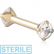 STERILE 14K GOLD INTERNALLY THREADED DOUBLE JEWELLED CZ BARBELL