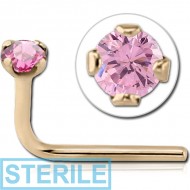 STERILE 14K GOLD 90 DEGREE PRONG SET CZ NOSE STUD