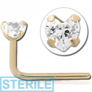 STERILE 14K GOLD 90 DEGREE PRONG SET CZ HEART NOSE STUD