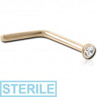 STERILE 14K GOLD 1.5MM BEZEL SET HIGH END CRYSTAL JEWELLED 90 DEGREE NOSE STUD