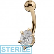 STERILE 18K GOLD OVAL PRONG SET CZ NAVEL BANANA WITH HOLLOW TOP BALL