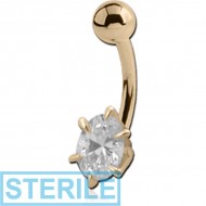 STERILE 18K GOLD OVAL PRONG SET CZ NAVEL BANANA WITH HOLLOW TOP BALL