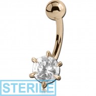 STERILE 18K GOLD ROUND PRONG SET CZ NAVEL BANANA WITH HOLLOW TOP BALL