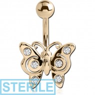 STERILE 18K GOLD CZ BUTTERFLY NAVEL BANANA WITH HOLLOW TOP BALL