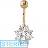 STERILE 18K GOLD FLOWER MULTI CZ NAVEL BANANA WITH HOLLOW TOP BALL