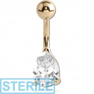 STERILE 18K GOLD TEAR DROP PRONG SET CZ NAVEL BANANA WITH HOLLOW TOP BALL