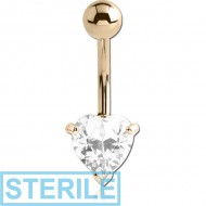 STERILE 18K GOLD HEART PRONG SET 5MM CZ NAVEL BANANA WITH HOLLOW TOP BALL