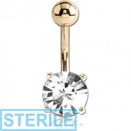 STERILE 18K GOLD ROUND PRONG SET 7MM CZ NAVEL BANANA WITH HOLLOW TOP BALL