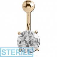 STERILE 18K GOLD ROUND PRONG SET 9MM CZ NAVEL BANANA WITH HOLLOW TOP BALL