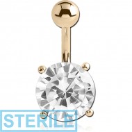 STERILE 18K GOLD ROUND PRONG SET 10MM CZ NAVEL BANANA WITH HOLLOW TOP BALL
