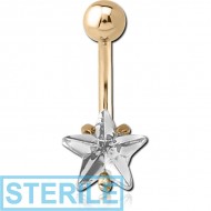 STERILE 18K GOLD STAR PRONG SET 8MM CZ NAVEL BANANA WITH HOLLOW TOP BALL