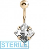 STERILE 18K GOLD SQUARE PRONG SET 6MM CZ NAVEL BANANA WITH HOLLOW TOP BALL