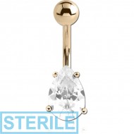 STERILE 18K GOLD PEAR PRONG SET 5X7MM CZ NAVEL BANANA WITH HOLLOW TOP BALL