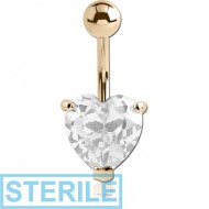 STERILE 18K GOLD HEART PRONG SET 10MM CZ NAVEL BANANA WITH HOLLOW TOP BALL