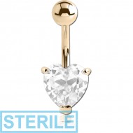 STERILE 18K GOLD HEART PRONG SET 8MM CZ NAVEL BANANA WITH HOLLOW TOP BALL