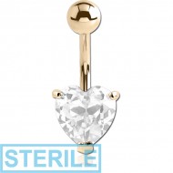 STERILE 18K GOLD HEART PRONG SET 6MM CZ NAVEL BANANA WITH HOLLOW TOP BALL