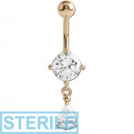 STERILE 18K GOLD ROUND CZ DANGLE NAVEL BANANA WITH HOLLOW TOP BALL