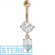 STERILE 18K GOLD OVAL CZ DANGLE NAVEL BANANA WITH HOLLOW TOP BALL