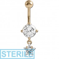 STERILE 18K GOLD STAR CZ DANGLE NAVEL BANANA WITH HOLLOW TOP BALL