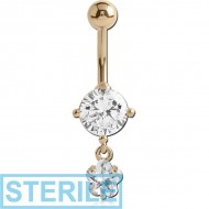 STERILE 18K GOLD FLOWER CZ DANGLE NAVEL BANANA WITH HOLLOW TOP BALL