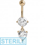 STERILE 18K GOLD HEART CZ DANGLE NAVEL BANANA WITH HOLLOW TOP BALL