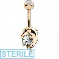 STERILE 18K GOLD CZ DOLPHIN NAVEL BANANA WITH JEWELLED TOP BALL