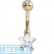 STERILE 18K GOLD STAR PRONG SET 8MM CZ NAVEL BANANA WITH JEWELLED TOP BALL