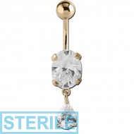 STERILE 18K GOLD OVAL CZ DANGLE NAVEL BANANA WITH JEWELLED TOP BALL