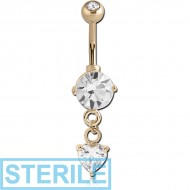 STERILE 18K GOLD ROUND CZ AND HEART DANGLE NAVEL BANANA WITH JEWELLED TOP BALL