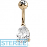 STERILE 18K GOLD TEAR DROP PRONG SET CZ NAVEL BANANA WITH JEWELLED TOP BALL