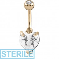 STERILE 18K GOLD HEART PRONG SET 5MM CZ NAVEL BANANA WITH JEWELLED TOP BALL