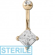 STERILE 18K GOLD SQUARE PRONG SET 5MM CZ NAVEL BANANA WITH JEWELLED TOP BALL