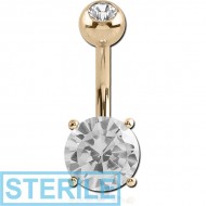 STERILE 18K GOLD ROUND PRONG SET 7MM CZ NAVEL BANANA WITH JEWELLED TOP BALL