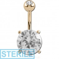 STERILE 18K GOLD ROUND PRONG SET 8MM CZ NAVEL BANANA WITH JEWELLED TOP BALL