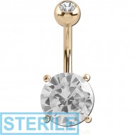 STERILE 18K GOLD ROUND PRONG SET 9MM CZ NAVEL BANANA WITH JEWELLED TOP BALL