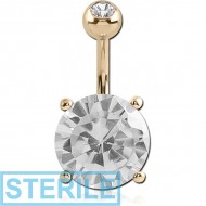 STERILE 18K GOLD ROUND PRONG SET 10MM CZ NAVEL BANANA WITH JEWELLED TOP BALL