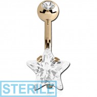 STERILE 18K GOLD STAR PRONG SET 8MM CZ NAVEL BANANA WITH JEWELLED TOP BALL