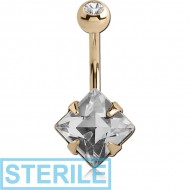 STERILE 18K GOLD SQUARE PRONG SET 6MM CZ NAVEL BANANA WITH JEWELLED TOP BALL