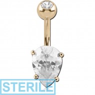 STERILE 18K GOLD INVERTED PEAR PRONG SET 5X7MM CZ NAVEL BANANA WITH JEWELLED TOP BALL