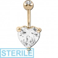 STERILE 18K GOLD HEART PRONG SET 10MM CZ NAVEL BANANA WITH JEWELLED TOP BALL