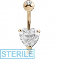 STERILE 18K GOLD HEART PRONG SET 6MM CZ NAVEL BANANA WITH JEWELLED TOP BALL