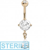 STERILE 18K GOLD ROUND CZ DANGLE NAVEL BANANA WITH JEWELLED TOP BALL
