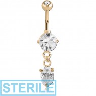 STERILE 18K GOLD OVAL CZ DANGLE NAVEL BANANA WITH JEWELLED TOP BALL