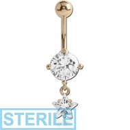 STERILE 18K GOLD STAR CZ DANGLE NAVEL BANANA WITH JEWELLED TOP BALL