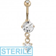 STERILE 18K GOLD HEART CZ DANGLE NAVEL BANANA WITH JEWELLED TOP BALL