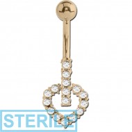 STERILE 18K GOLD FANCY 16 CZ HEART NAVEL BANANA WITH JEWELLED TOP BALL