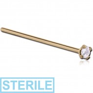 STERILE 18K GOLD 2MM PRONG SET JEWELLED STRAIGHT LARGE NOSE STUD